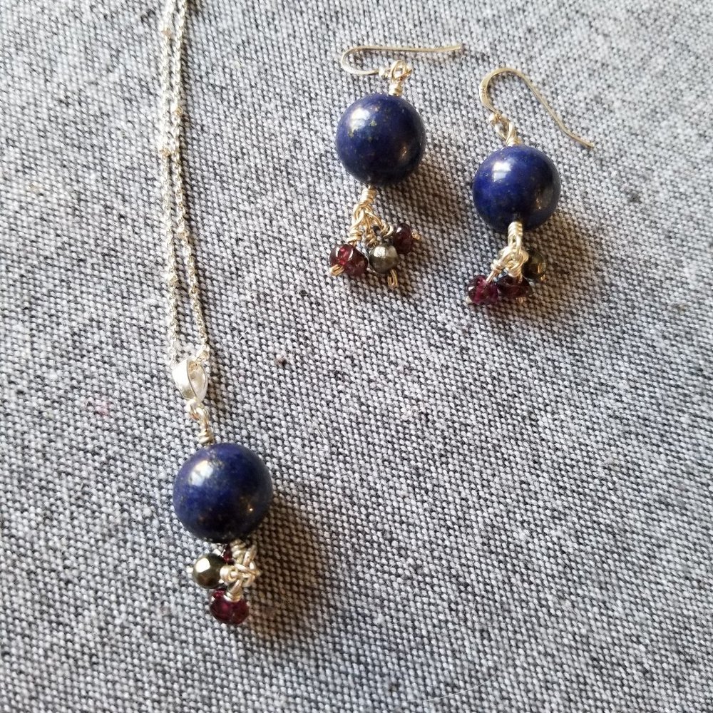 New Lapis Lazuli and Garnet gemstone necklace and matching earrings